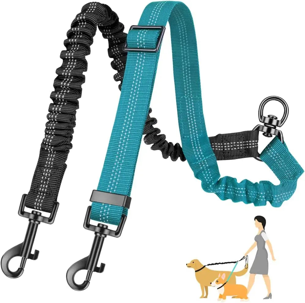 Dual Dog Leash Attachment With Shock Absorbing Bungee Adjustable