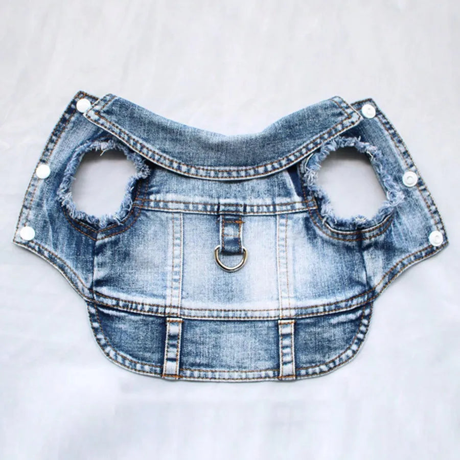 Denim Small Dog Harness Vest With Leash Clip For Spring