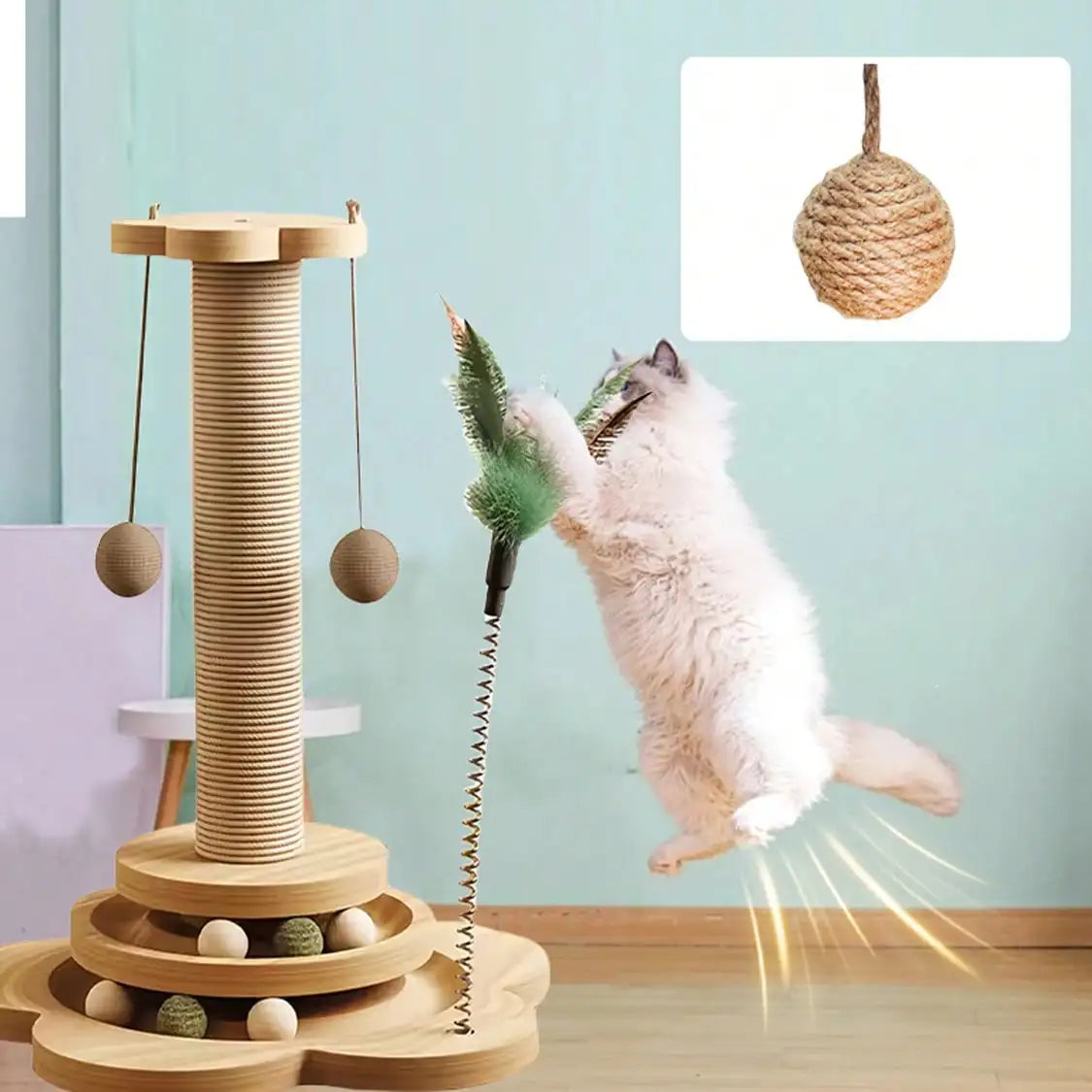 Solid Wood Cat Claw Pole Toy With Catnip Ball Play
