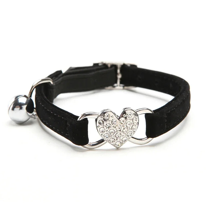 Heart Charm Bell Cat Collar Elastic Adjustable Velvet Material