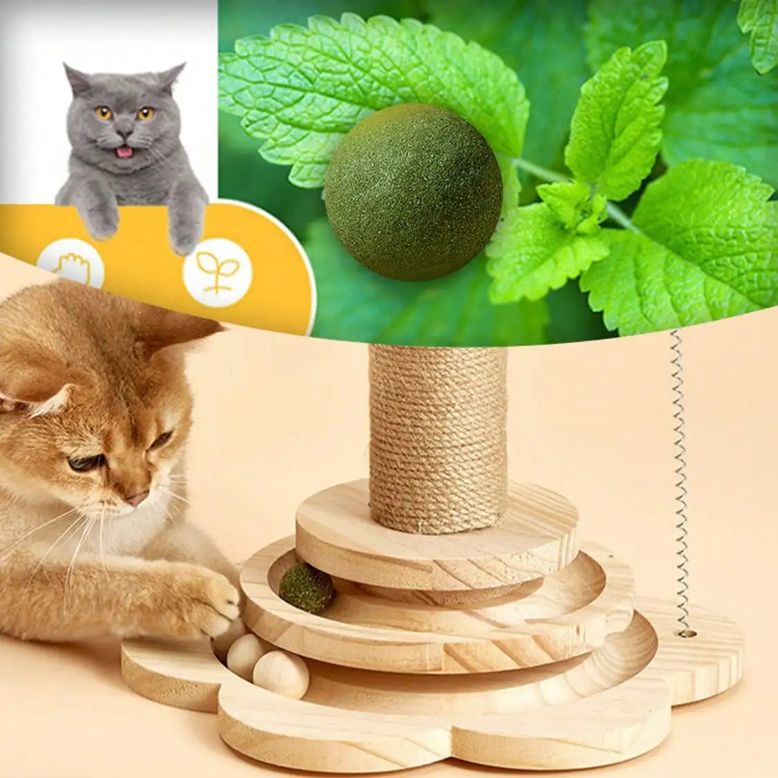 Solid Wood Cat Claw Pole Toy With Catnip Ball Play