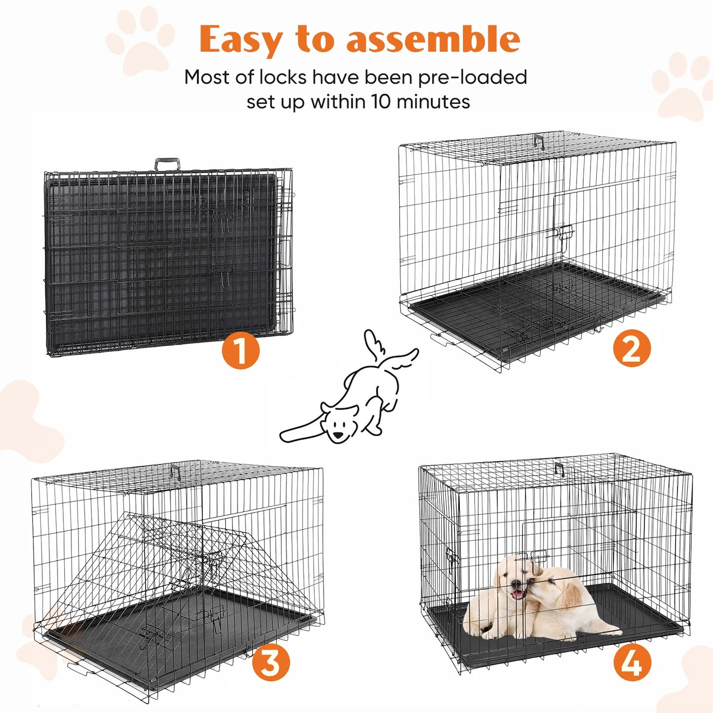 JHK Double Door Metal Wire Dog Cage With Leakproof Pan