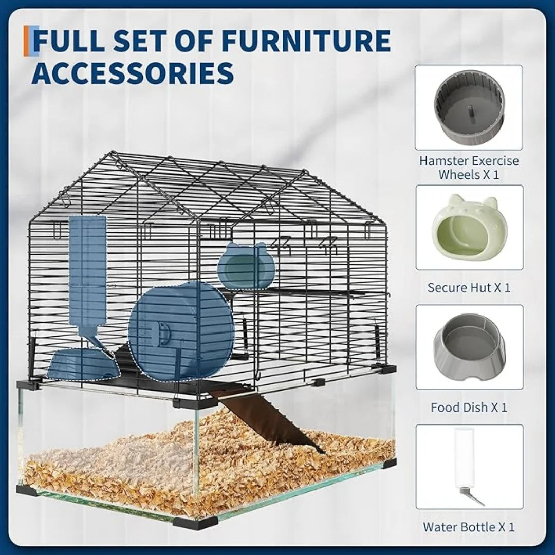 HiMISS 3 Tier Hamster Enclosure With Glass Panels For Pets