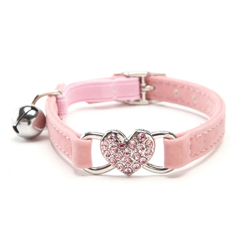 Heart Charm Bell Cat Collar Elastic Adjustable Velvet Material