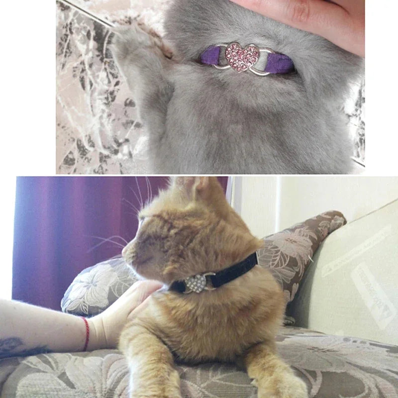 Heart Charm Bell Cat Collar Elastic Adjustable Velvet Material