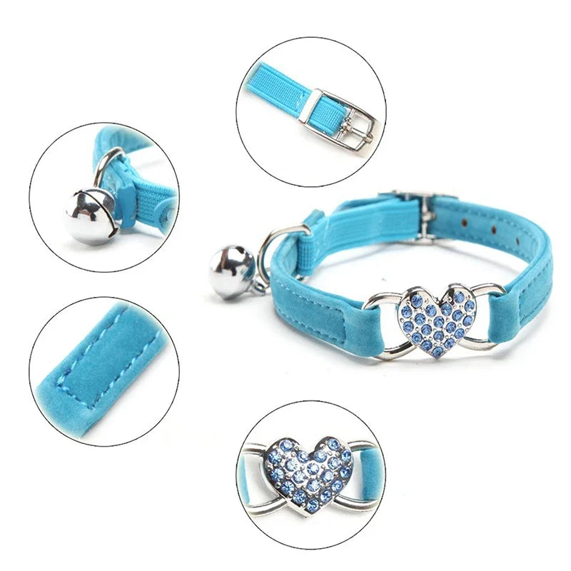 Heart Charm Bell Cat Collar Elastic Adjustable Velvet Material