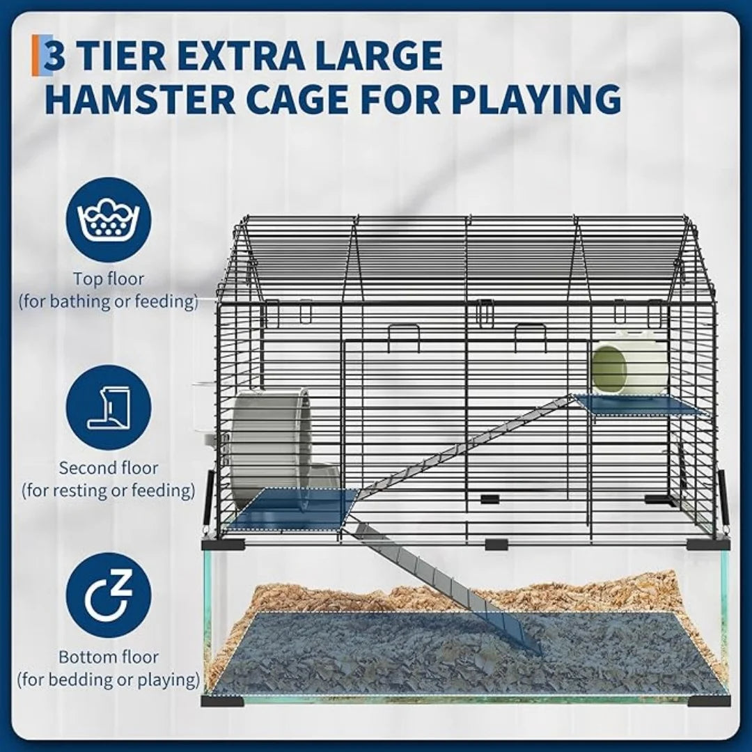 HiMISS 3 Tier Hamster Enclosure With Glass Panels For Pets