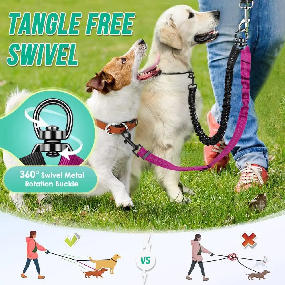 Dual Dog Leash Attachment With Shock Absorbing Bungee Adjustable