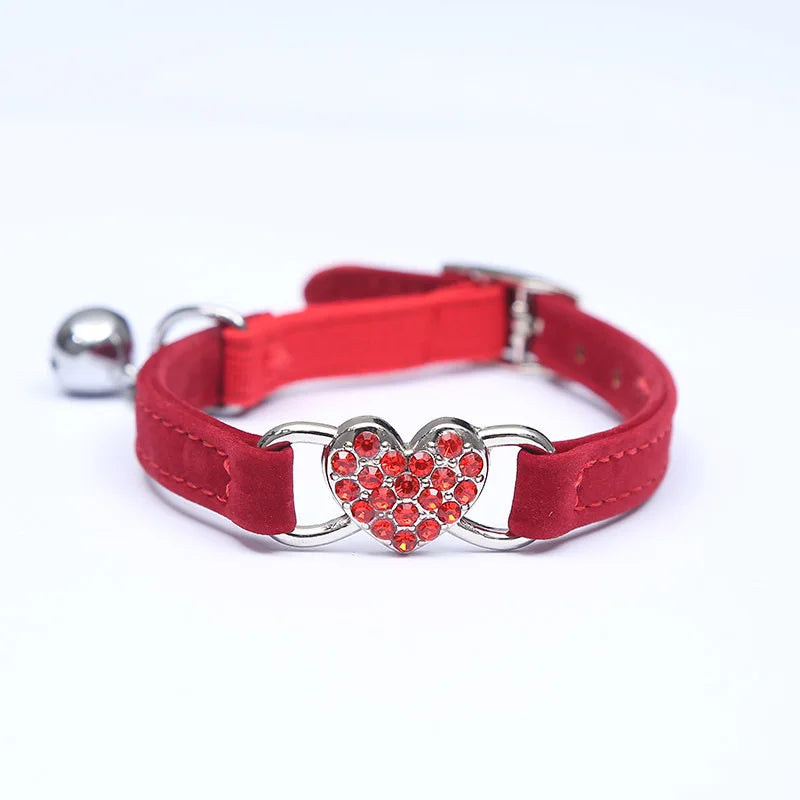 Heart Charm Bell Cat Collar Elastic Adjustable Velvet Material