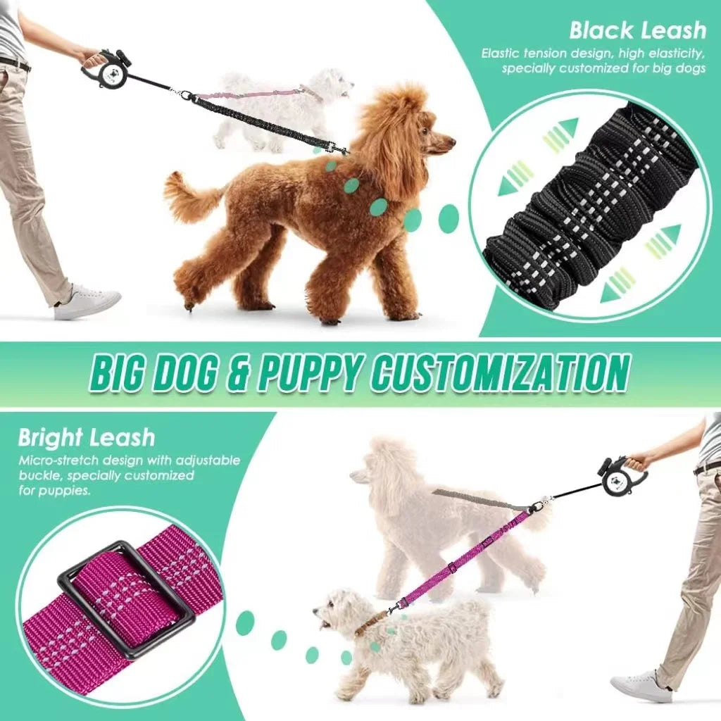 Dual Dog Leash Attachment With Shock Absorbing Bungee Adjustable