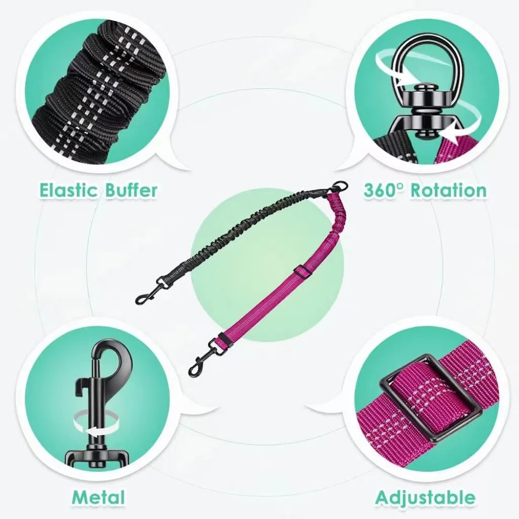 Dual Dog Leash Attachment With Shock Absorbing Bungee Adjustable