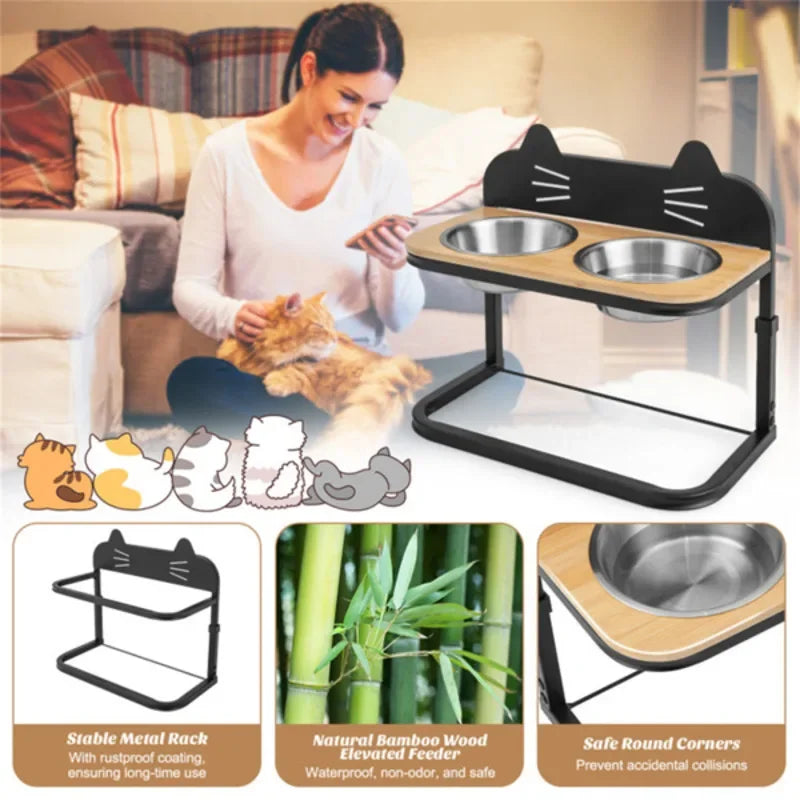 Pet Feeder With Two Stainless Steel Bowls Adjustable Height