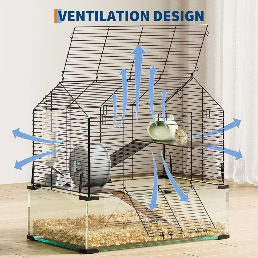 HiMISS 3 Tier Hamster Enclosure With Glass Panels For Pets