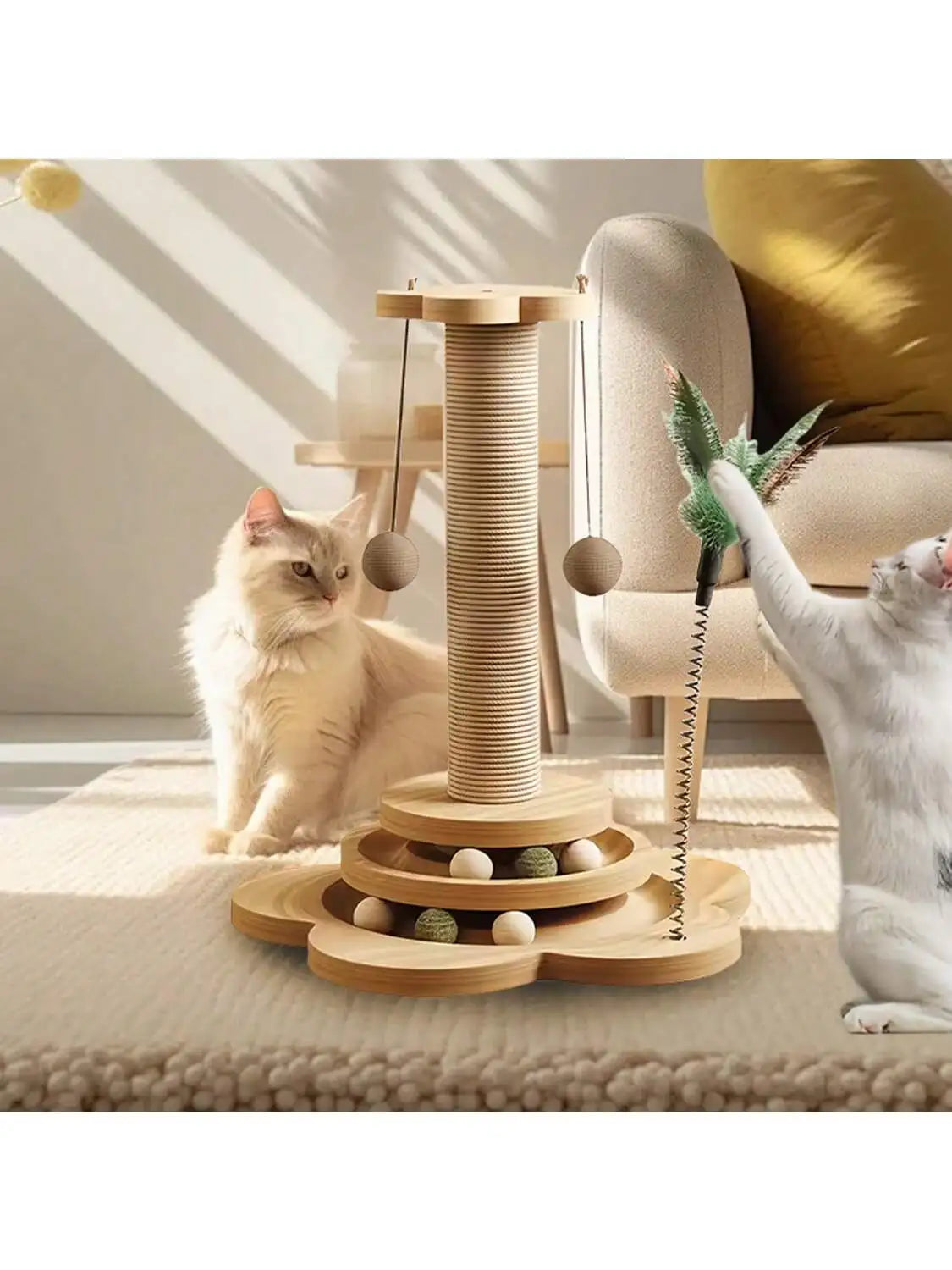 Solid Wood Cat Claw Pole Toy With Catnip Ball Play