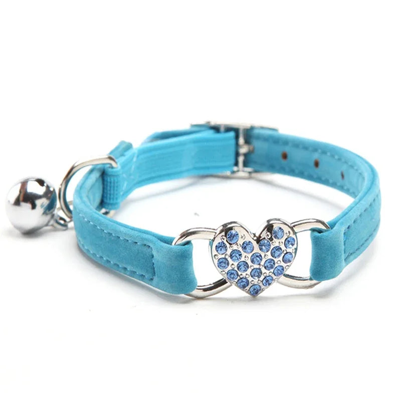 Heart Charm Bell Cat Collar Elastic Adjustable Velvet Material