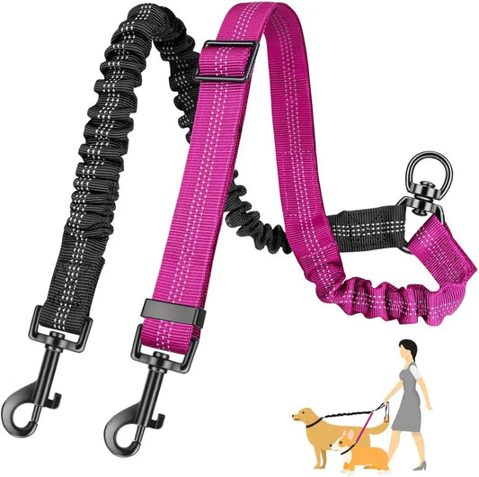 Dual Dog Leash Attachment With Shock Absorbing Bungee Adjustable