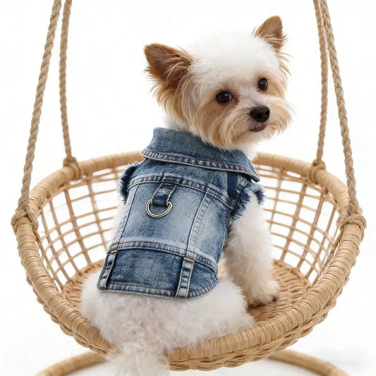 Denim Small Dog Harness Vest With Leash Clip For Spring