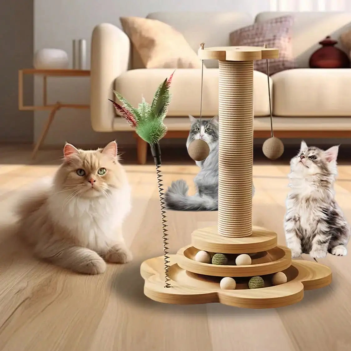Solid Wood Cat Claw Pole Toy With Catnip Ball Play