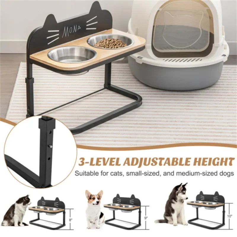 Pet Feeder With Two Stainless Steel Bowls Adjustable Height