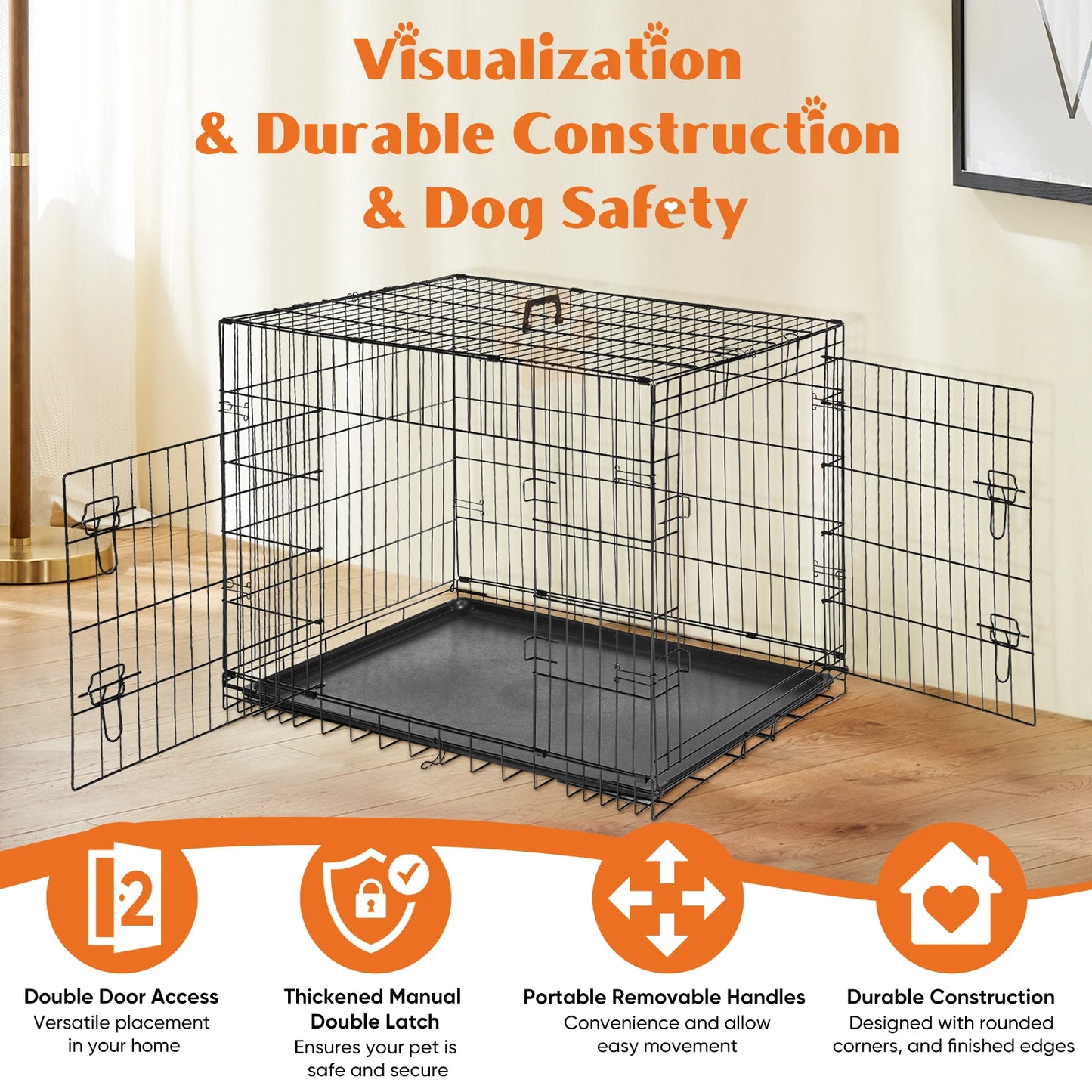 JHK Double Door Metal Wire Dog Cage With Leakproof Pan