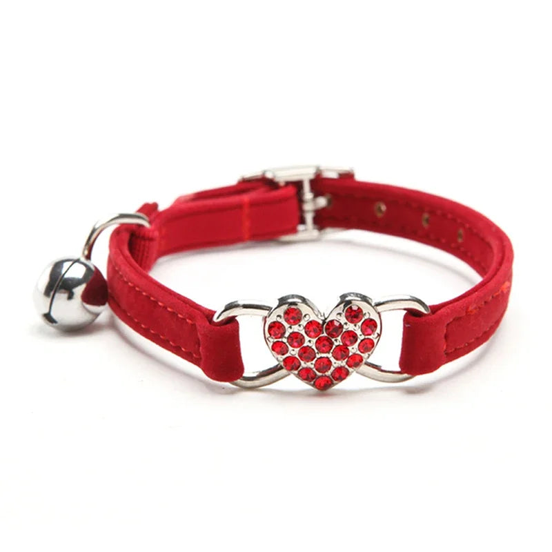 Heart Charm Bell Cat Collar Elastic Adjustable Velvet Material