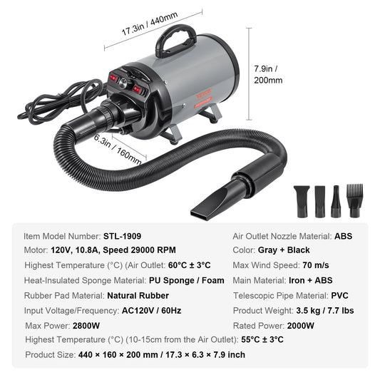 SucceBuy 2000W Dog Grooming Blow Dryer With Adjustable Speed