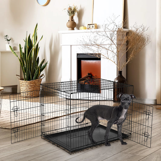 JHK Double Door Metal Wire Dog Cage With Leakproof Pan