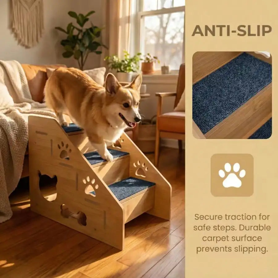 Wooden Right Angle Pet Stairs For Dogs Non Slip Surface