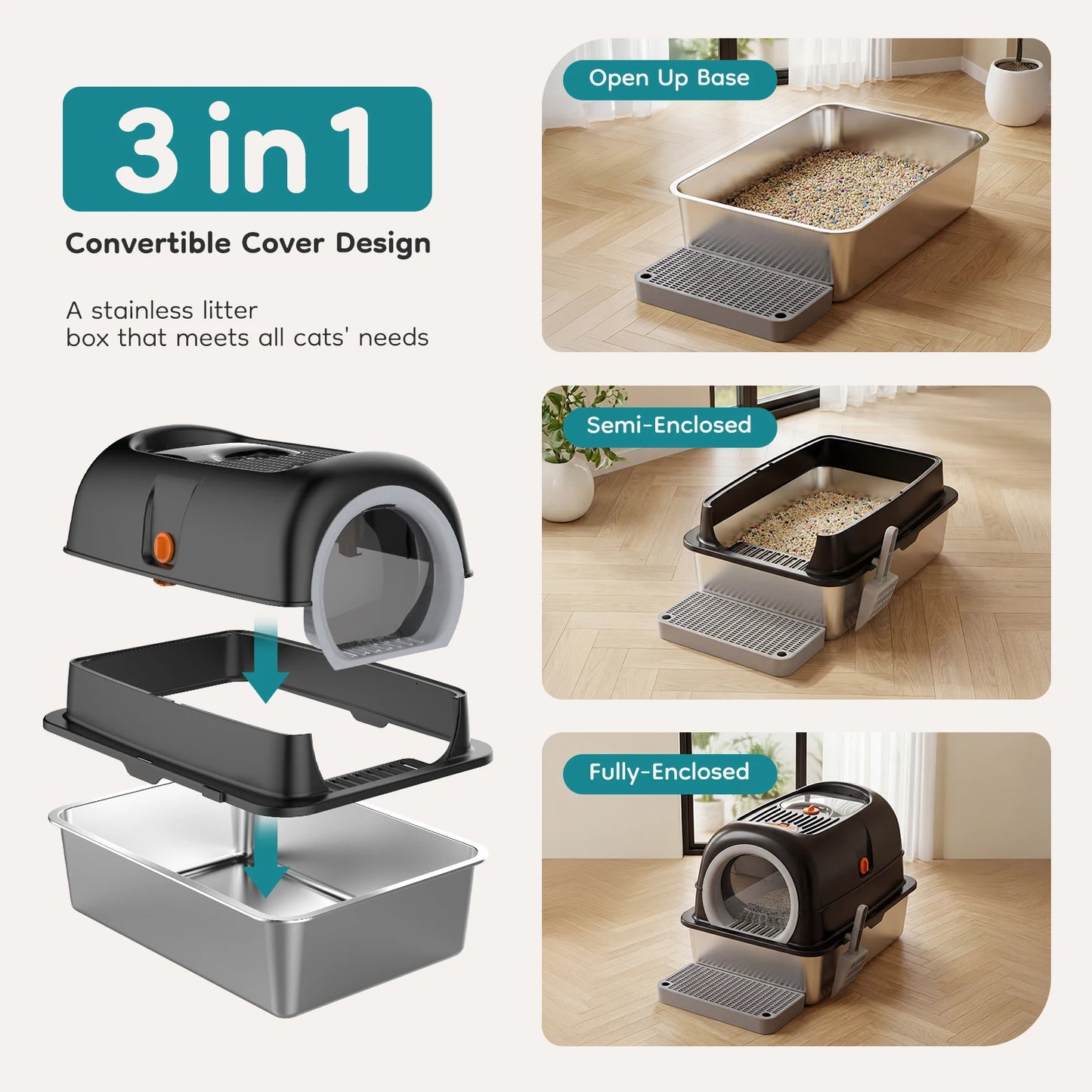 Stainless Steel Cat Litter Box Enclosed With Scoop And Mat