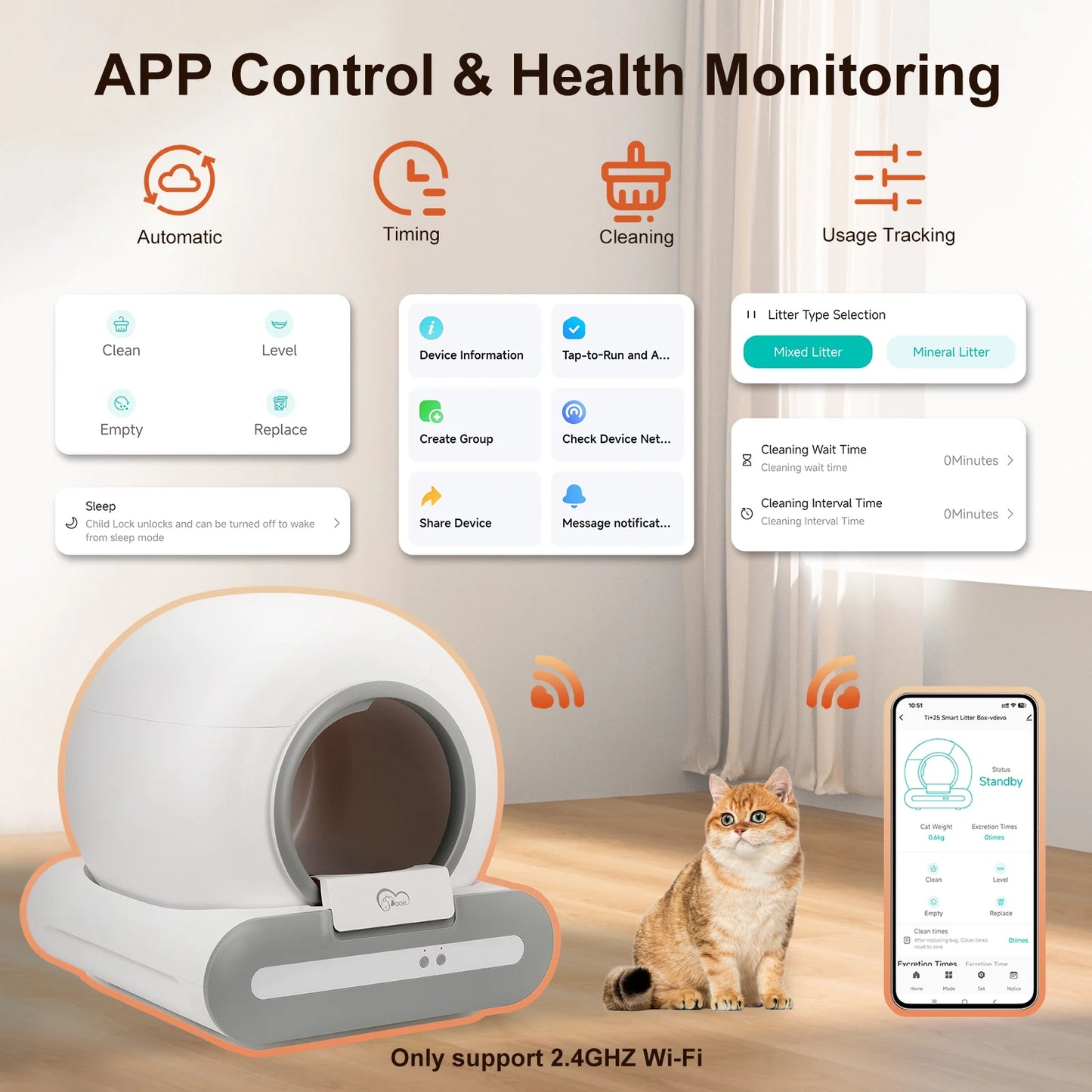 DOEL 65L Self-Cleaning Cat Litter Box With App Control 2.4G WiFi