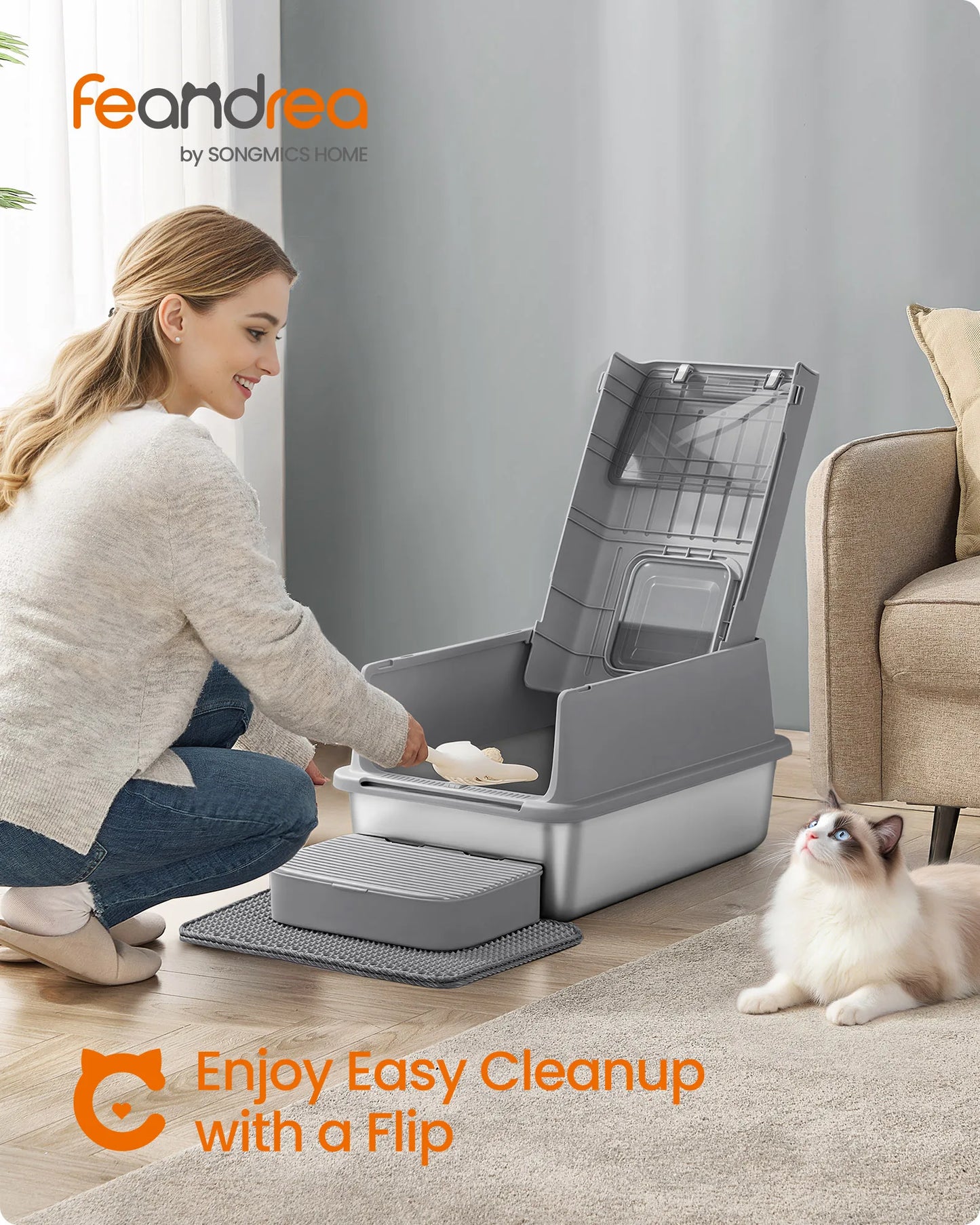 Feandrea Cat Litter Box With Flip Lid 2 Doors Scoop