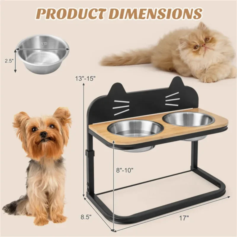 Pet Feeder With Two Stainless Steel Bowls Adjustable Height