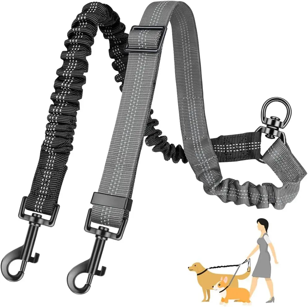 Dual Dog Leash Attachment With Shock Absorbing Bungee Adjustable