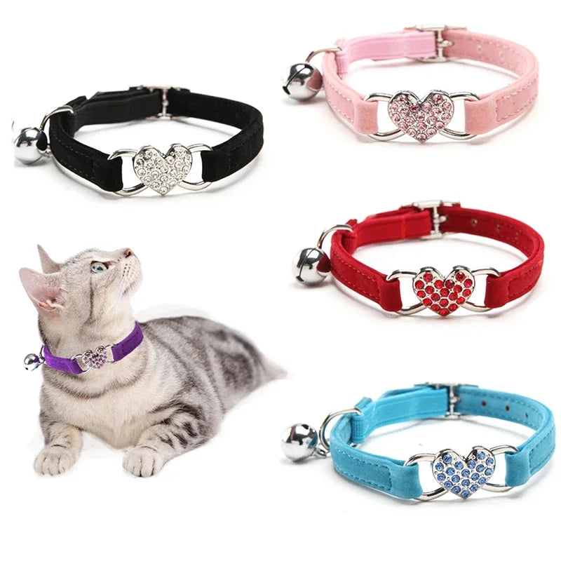 Heart Charm Bell Cat Collar Elastic Adjustable Velvet Material