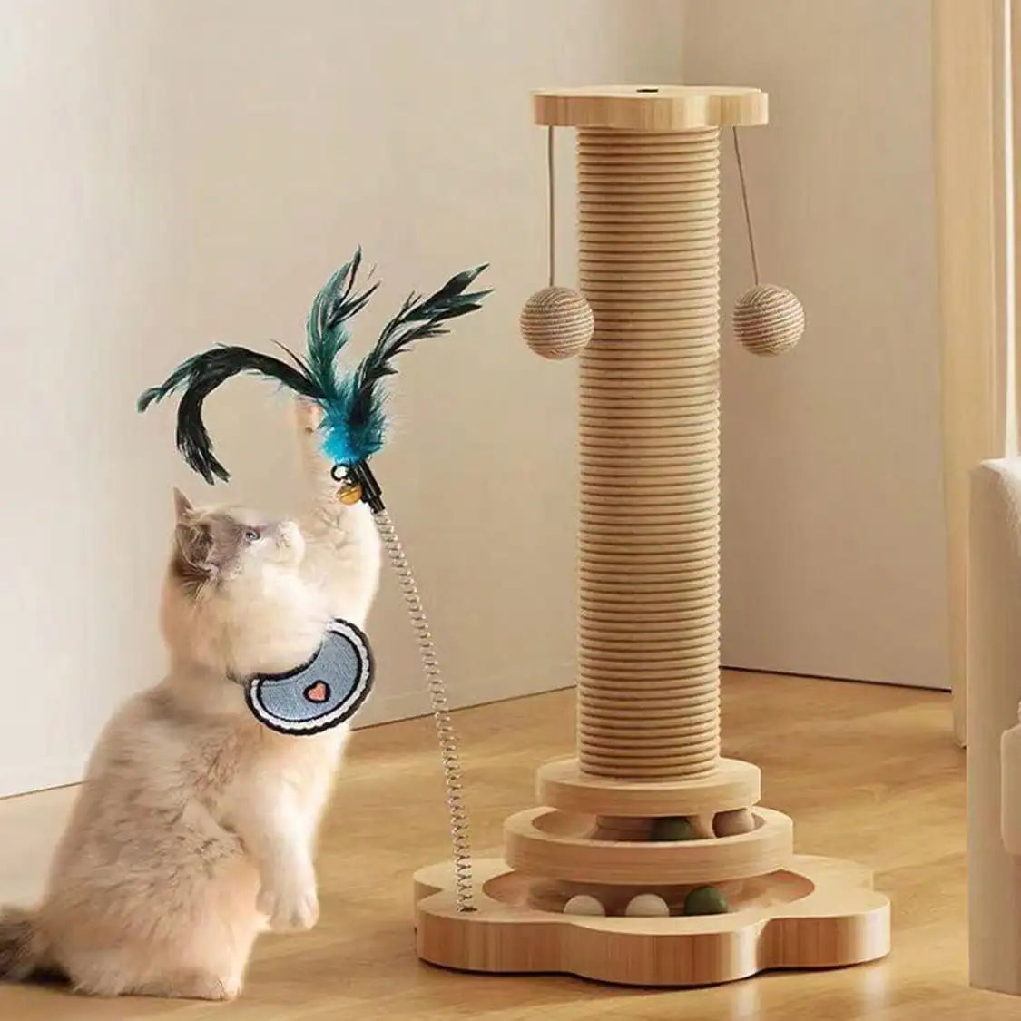 Solid Wood Cat Claw Pole Toy With Catnip Ball Play