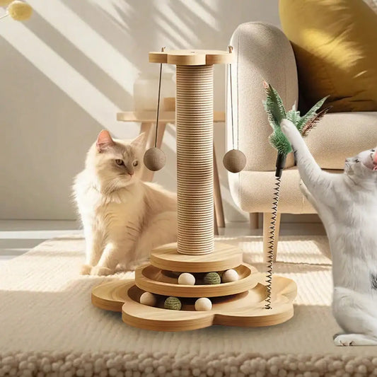 Solid Wood Cat Claw Pole Toy With Catnip Ball Play