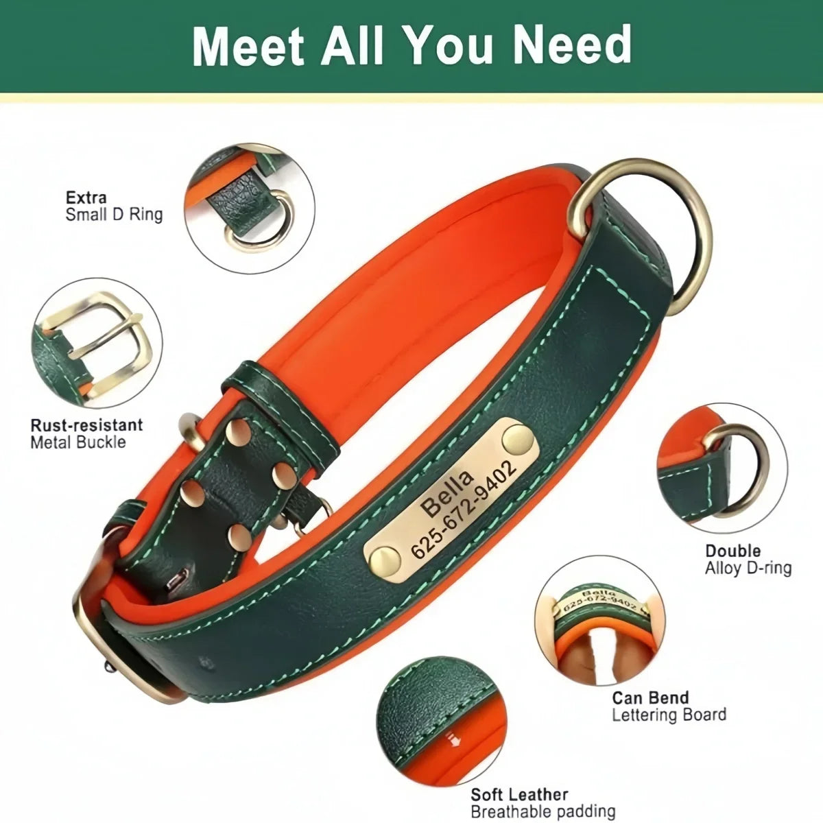 COOYOMOO Personalized Leather ID Nameplate Dog Collar Padded