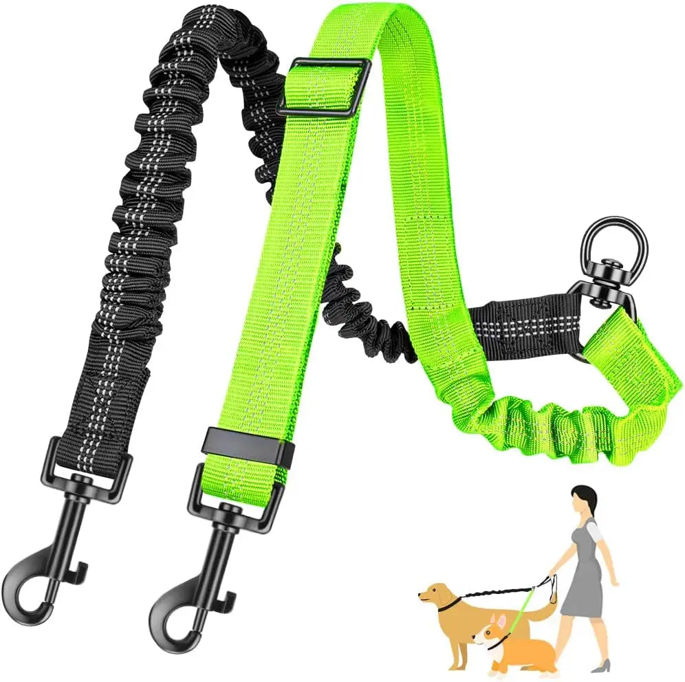 Dual Dog Leash Attachment With Shock Absorbing Bungee Adjustable